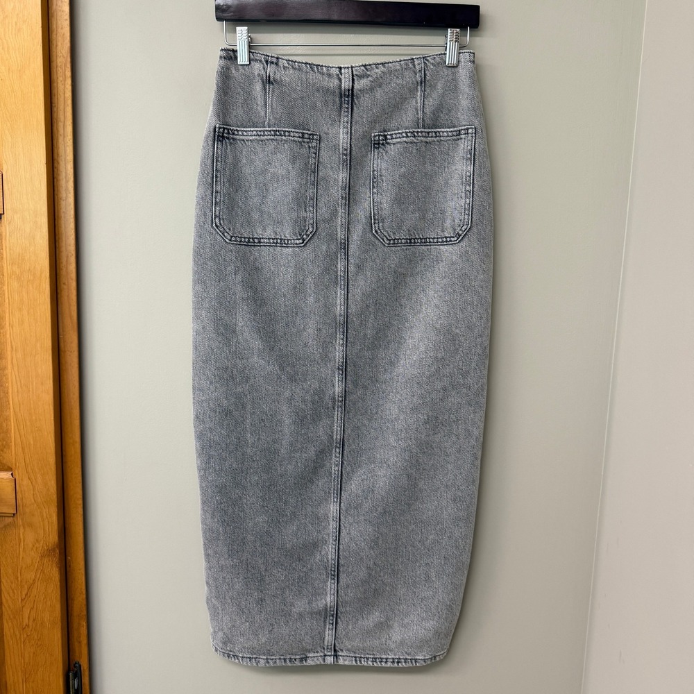 Zara Women Asymmetrical Button Front Denim Midi Skirt Size M Grey Acid Wash Slit - Picture 5 of 10